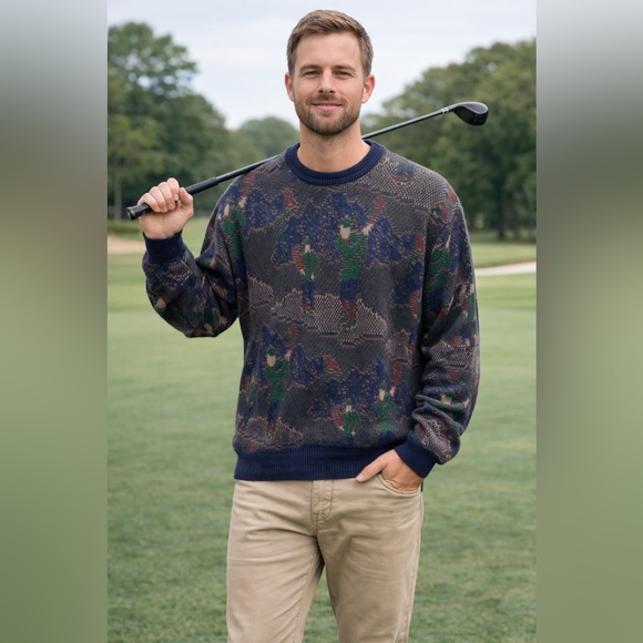 Vintage Isle of Cotton Golf Pattern Crewneck Sweater Men’s Medium Novelty Knit